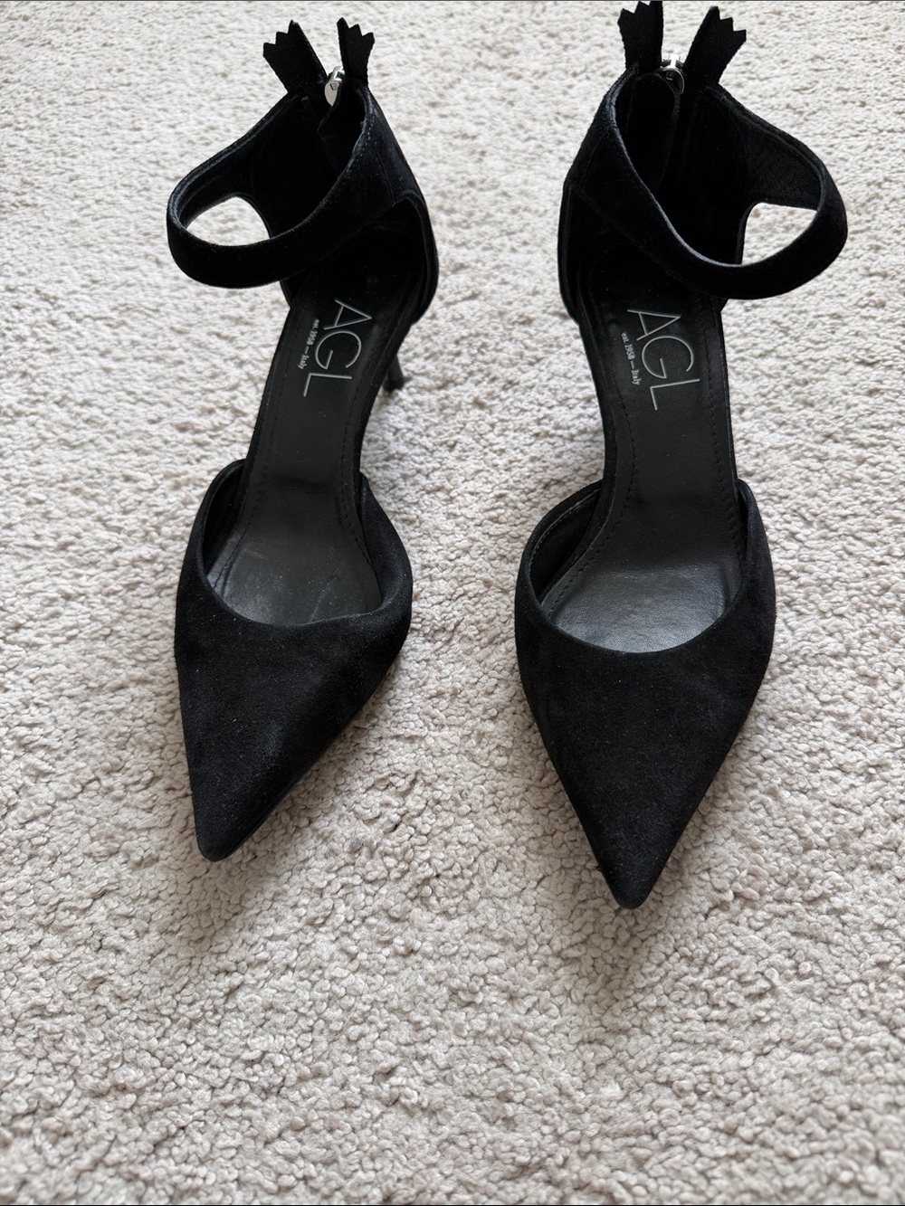 AGL Black Suede Pointed-Toe Ankle-Strap Pumps